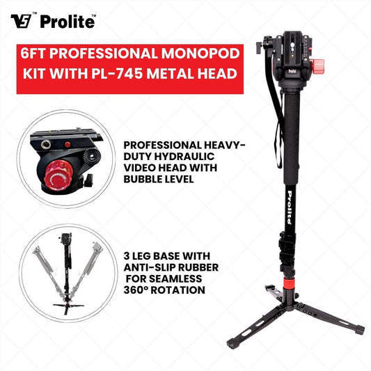 Prolite Professional Monopod 1199 Pro with Professional Metal Head |4 Sections | Screw Mount | Comfort Foam Grip | with Ball Head |for DSLR Camera Mobile GoPro | Maximum Height 1800mm | Load Capacity – 20kg