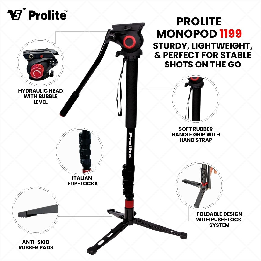 Prolite Professional Monopod 1199 Pro with Professional Metal Head |4 Sections | Screw Mount | Comfort Foam Grip | with Ball Head |for DSLR Camera Mobile GoPro | Maximum Height 1800mm | Load Capacity – 20kg