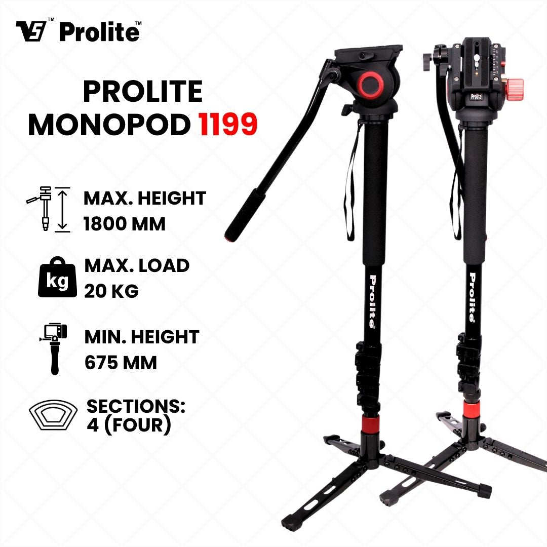 Prolite Professional Monopod 1199 Pro with Professional Metal Head |4 Sections | Screw Mount | Comfort Foam Grip | with Ball Head |for DSLR Camera Mobile GoPro | Maximum Height 1800mm | Load Capacity – 20kg