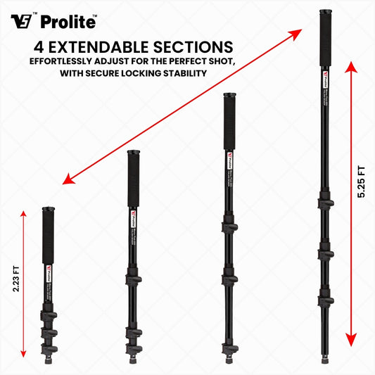 Prolite Professional Heavy Duty Monopod 099 with Dual Mount Thread Adapter (1/4Inch and 3/8Inch) | Italian Flip Locks | Rubber Grip | Upto 5Kg Payload (with Bag)