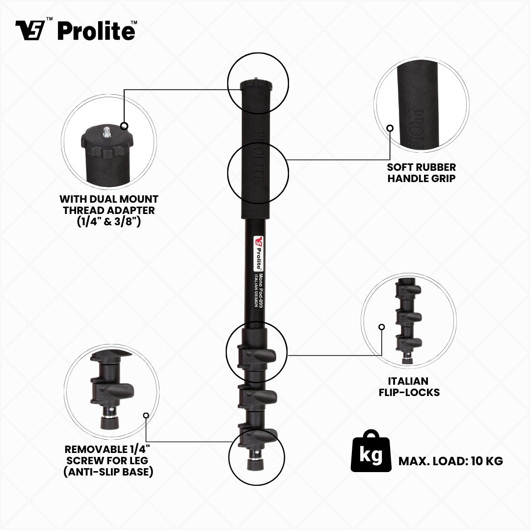 Prolite Professional Heavy Duty Monopod 099 with Dual Mount Thread Adapter (1/4Inch and 3/8Inch) | Italian Flip Locks | Rubber Grip | Upto 5Kg Payload (with Bag)