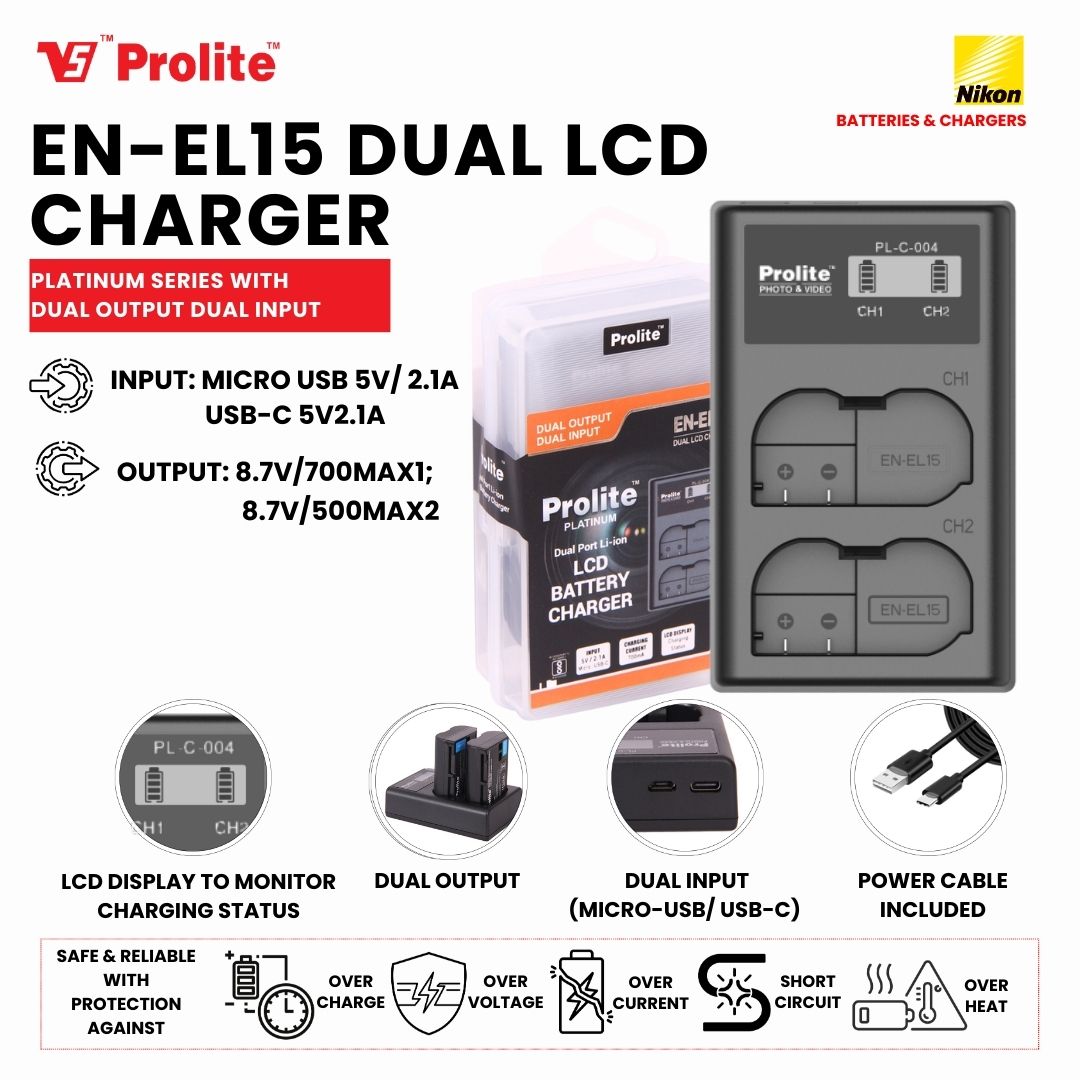 Prolite Dual LCD Charger for Nikon EN-EL15 Camera Li-ion Batteries | Camera Battery Charger (Copy)