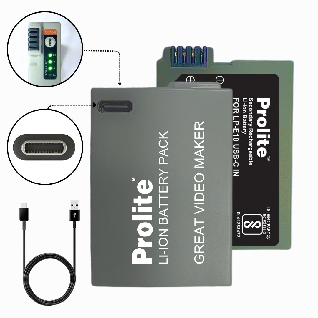 Prolite LP-E10 Gold Lithium-ion Rechargeable Battery (5200mAh) with LED Indicators & Type-C Input for Canon DSLR Cameras – Compatible with Canon Eos -1100D, 1200D, 1300D, Kiss X50, X70, Rebel T3, T5, T6