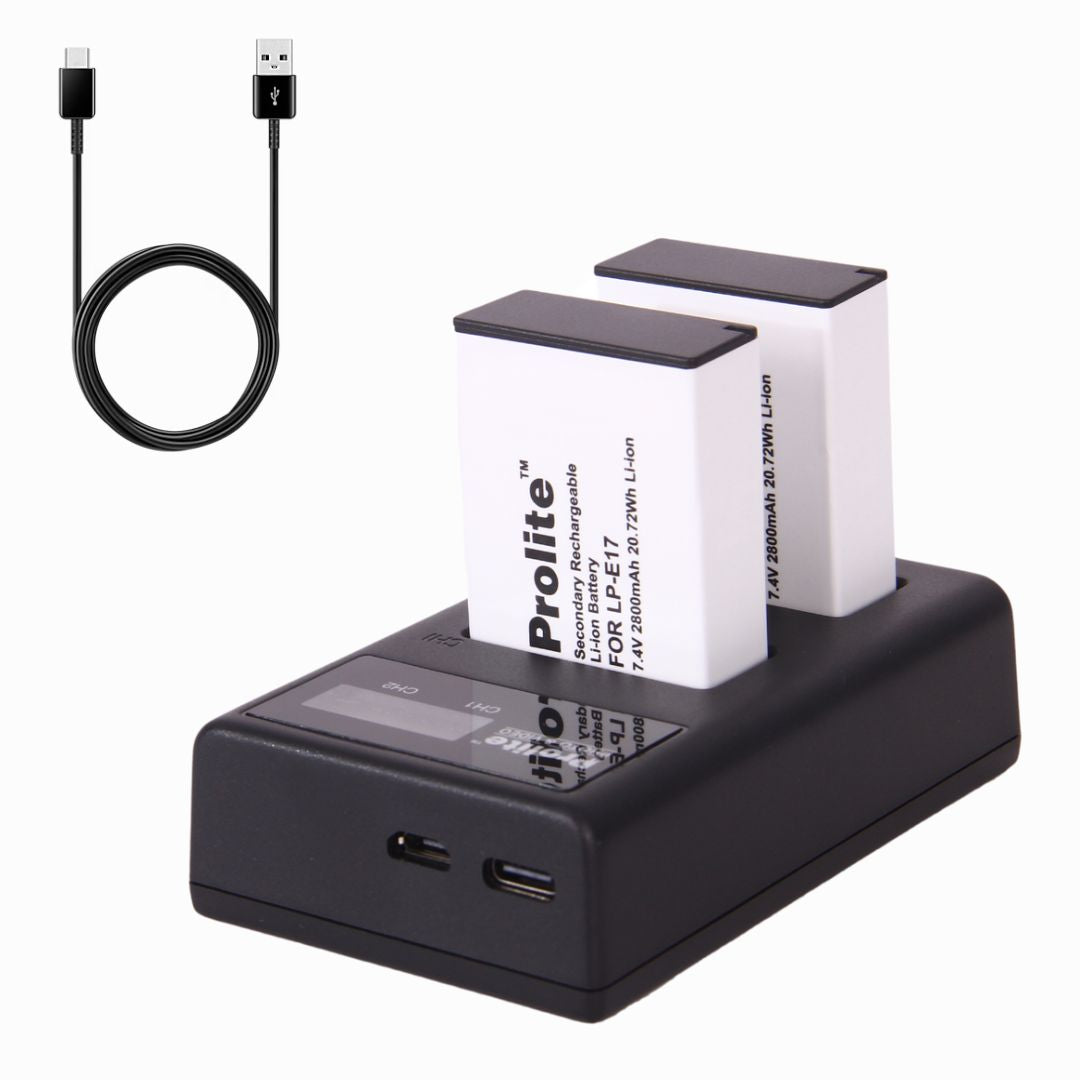 Prolite LP-E17 Dual LCD Combo for Canon - 2 LP-E17 Platinum Li-ion Rechargeable Batteries (3440mAh) + 1 LP-E17 Dual Port LCD Charger