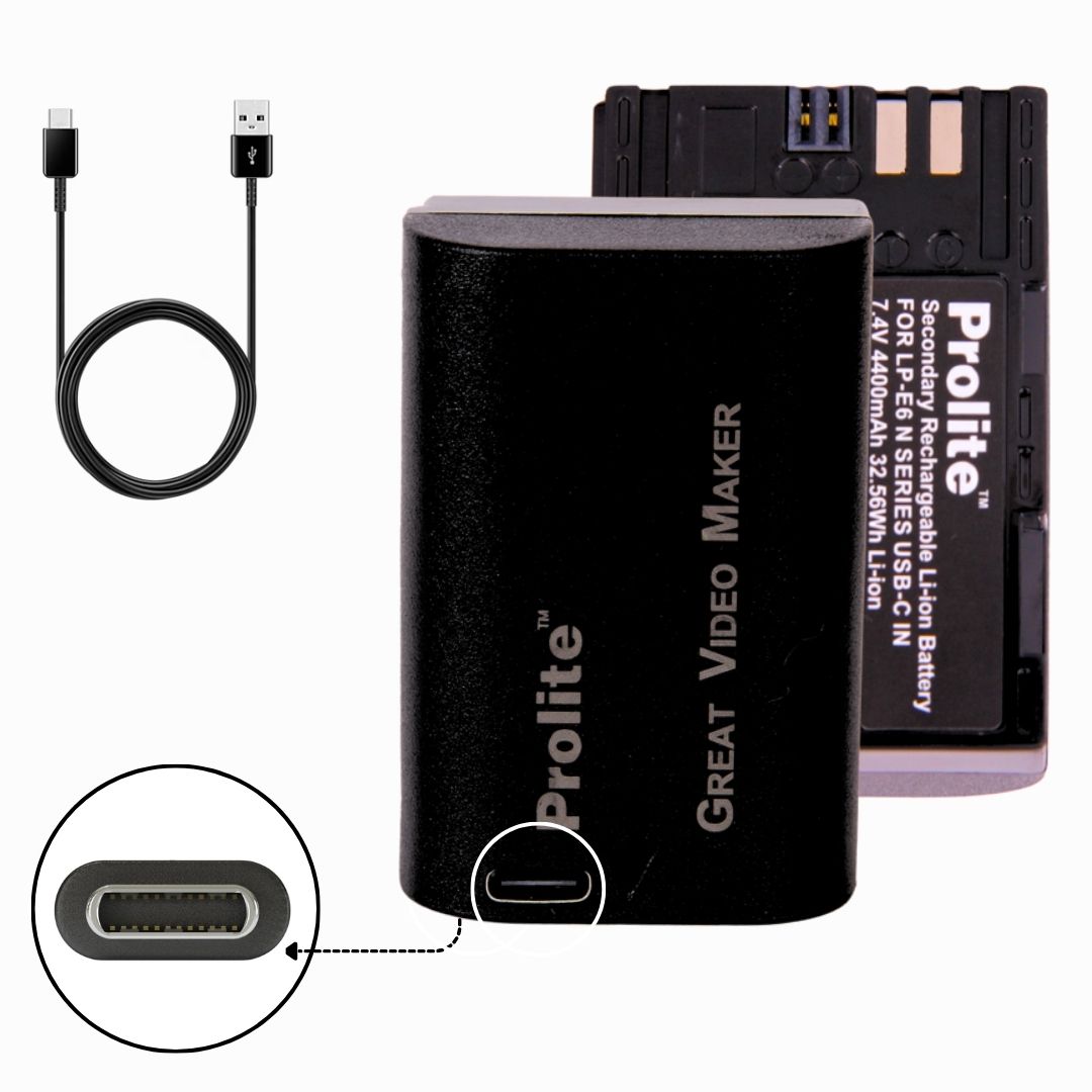 Prolite LP-E6N Gold Camera Li-ion Battery | Rechargeable | Use as Replacement Canon Camera Battery with Type C (Port + Wire)