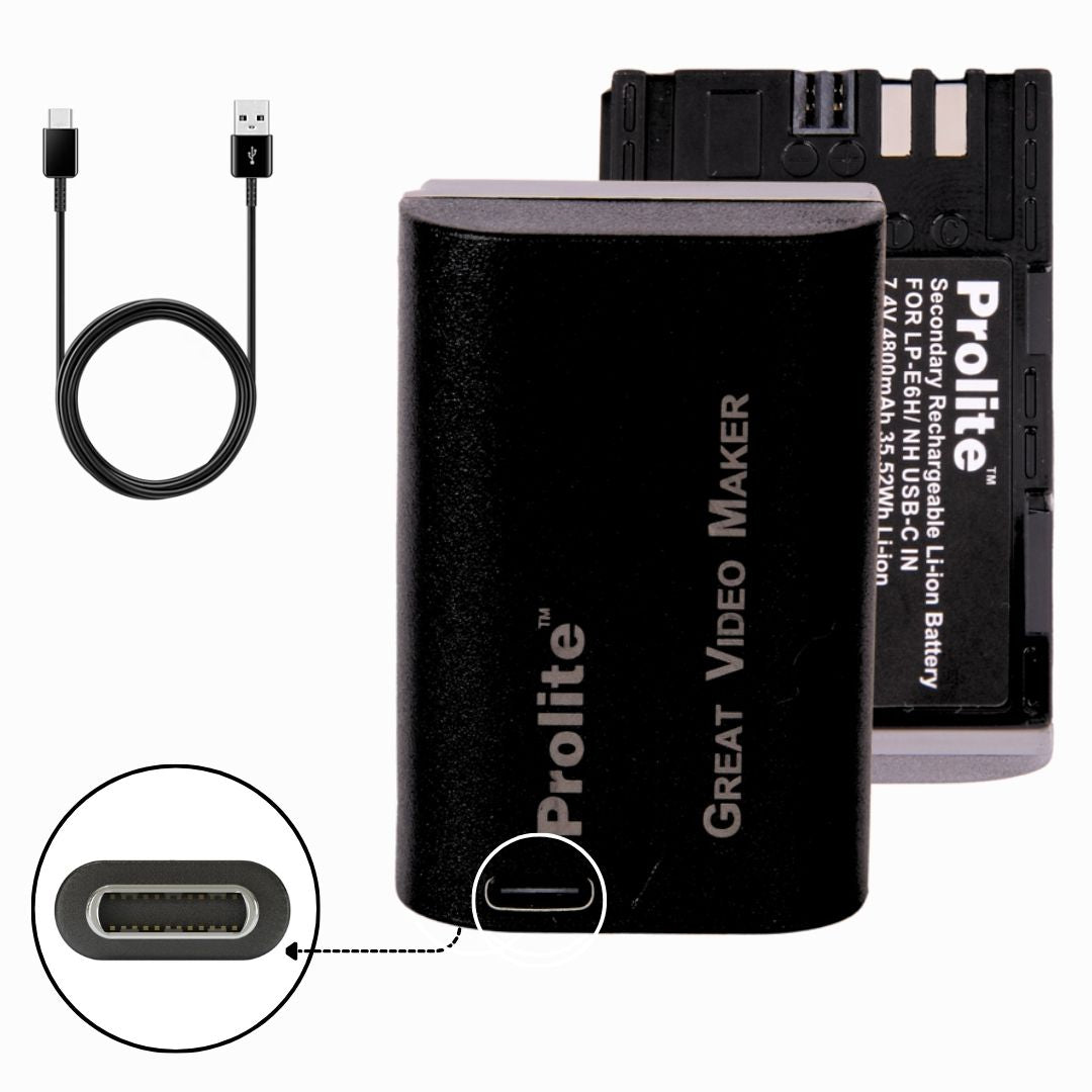Prolite LP-E6NH Gold Camera Li-ion Battery | Rechargeable | Use as Replacement Canon Camera Battery with Type C (Port + Wire)