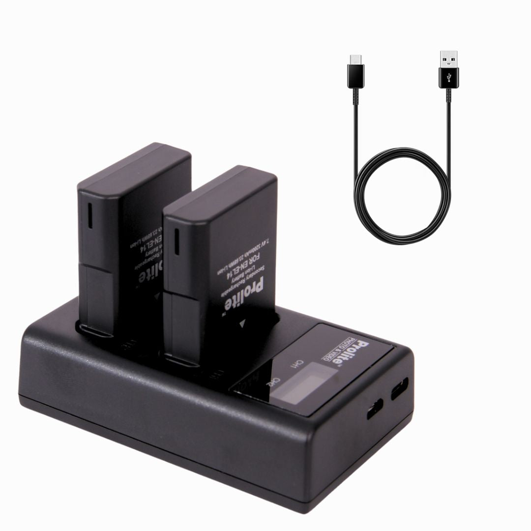 Prolite EN-EL14 Dual LCD Combo | 2 EN-EL14 Platinum Camera Li-ion Battery with 1 Charger | Rechargeable Camera Battery