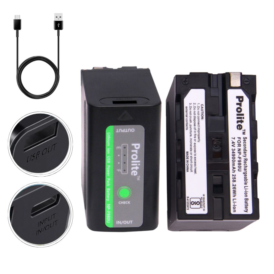 Prolite NP-F980U Gold Camera Replacement Li-ion Battery with Type-C Cable, Indicator in Box Casing | C-Type in/Out, USB Out | Rechargeable | Use for Sony Camera & as Powerbank