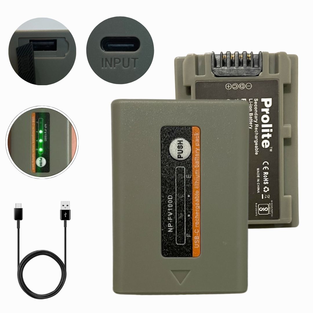 Prolite NP-FV100 Gold Camera Li-ion Battery with Type C (Port + Wire) | Rechargeable | Replacement Camera Battery