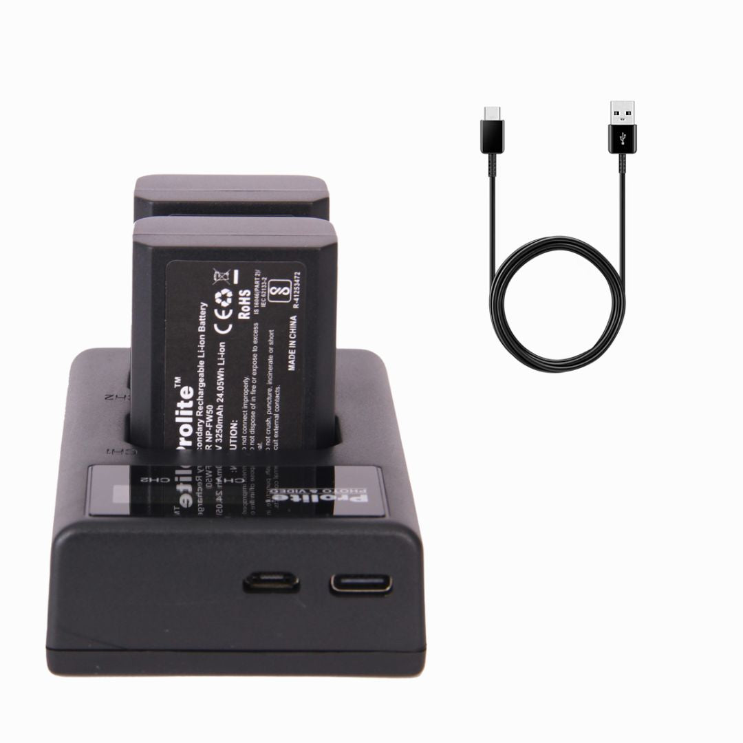 Prolite NP-FW50 Dual LCD Combo | 2 NP-FW50 Platinum Camera Li-ion Battery with 1 Charger | Rechargeable Camera Battery