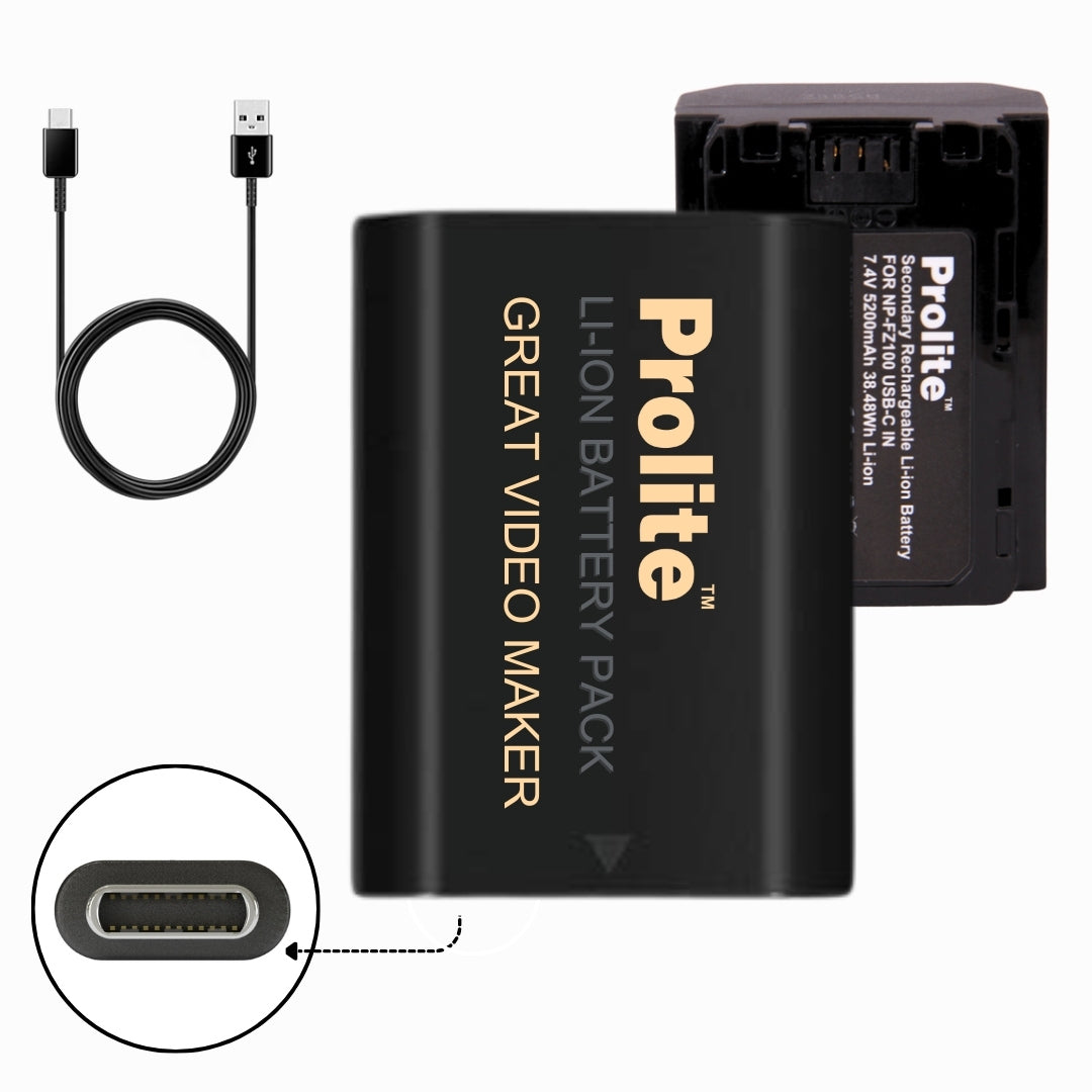 Prolite NP-FZ100 Gold Lithium-ion Rechargeable Battery (5200mAh) with Type-C Input for Sony DSLR Cameras – Compatible with a9 II, a9, a7R IV, a7R III, a7 III, a6600 & More