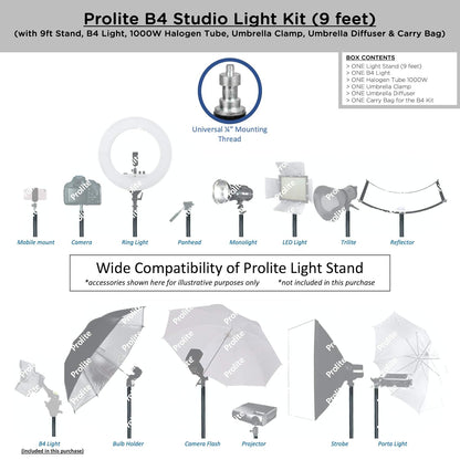 Prolite Studio B4 Continuous Video Light Kit – 1000W Halogen, 9 ft Stand, Umbrella, Carry Bag for Photography & Videography