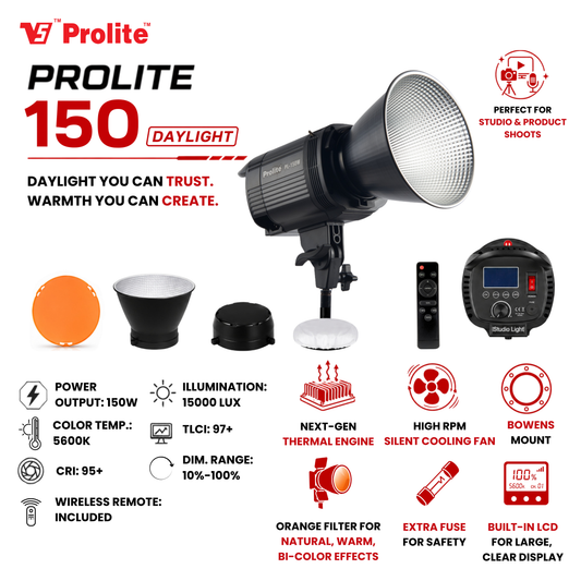 Prolite PL-150W COB LED Video Light – 15000 Lux, 6500K | Bowens Mount, Reflector, Diffuser, Remote | Studio & Wedding Photography Light