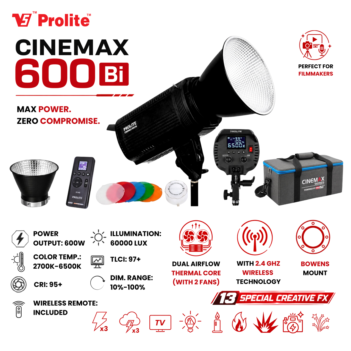 Prolite Cinemax 600 Bi | 600W COB LED Continuous Video Light | Bi-Color 2700K–6500K | CRI 95+ | LCD Display | 2.4GHz Wireless Control with Display Remote | Kit Bag & Metal Bowens Reflector | 13 Special FX | Ideal for Content Creators & Weddings