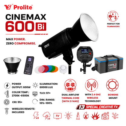 Prolite Cinemax 600 Bi | 600W COB LED Continuous Video Light | Bi-Color 2700K–6500K | CRI 95+ | LCD Display | 2.4GHz Wireless Control with Display Remote | Kit Bag & Metal Bowens Reflector | 13 Special FX | Ideal for Content Creators & Weddings