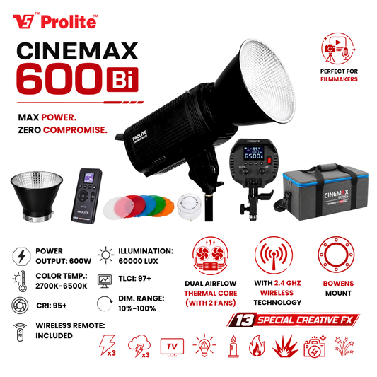 Prolite Cinemax 600 Bi | 600W COB LED Continuous Video Light | Bi-Color 2700K–6500K | CRI 95+ | LCD Display | 2.4GHz Wireless Control with Display Remote | Kit Bag & Metal Bowens Reflector | 13 Special FX | Ideal for Content Creators & Weddings