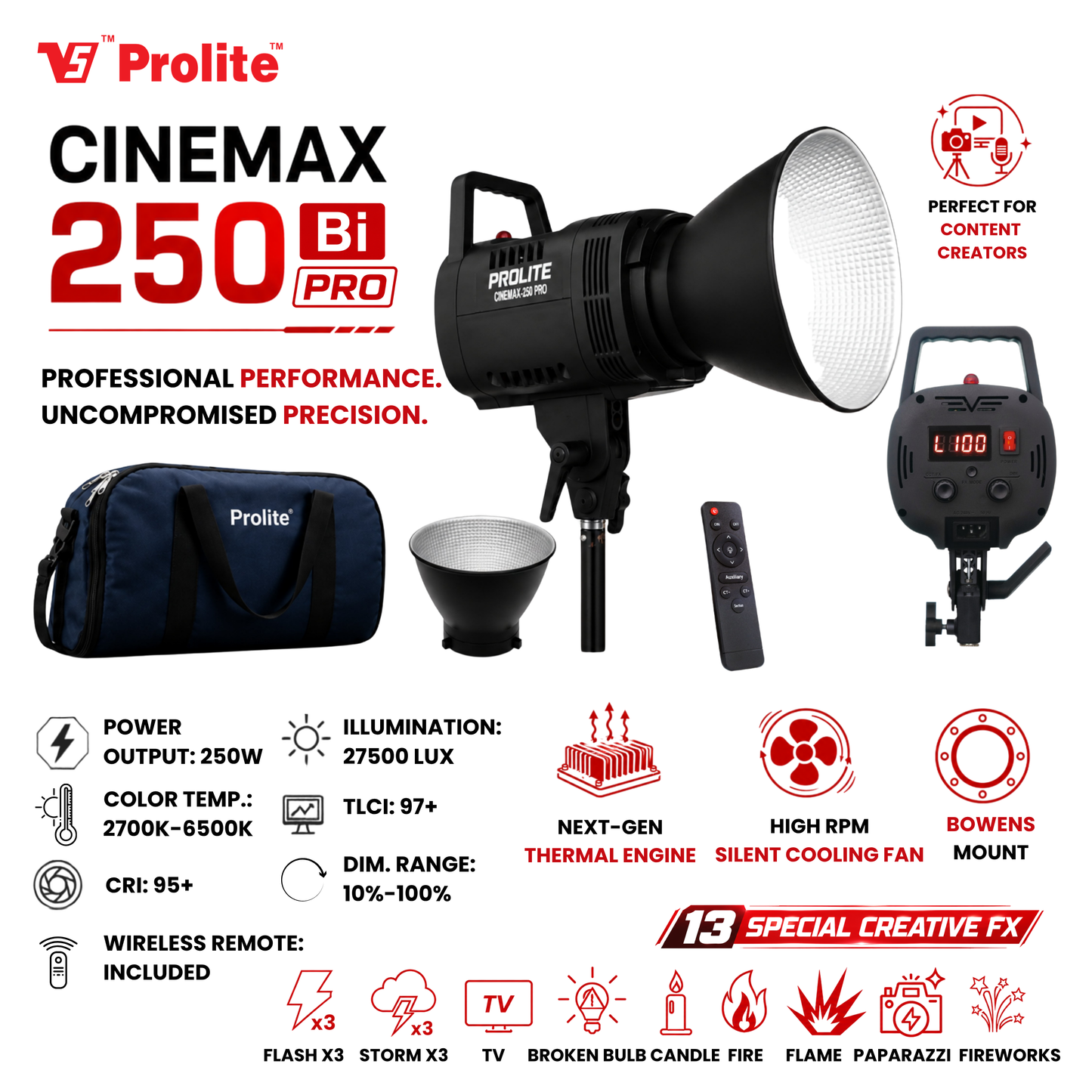 Prolite Cinemax 250 Bi Pro | 250W COB LED Continuous Video Light with LED Display | Bi-Color 2700K-6500K | CRI 95+ | With LED Display, Kit Bag, Bowens Reflector & Remote | 13 Special FX | Ideal for Content Creators & Weddings