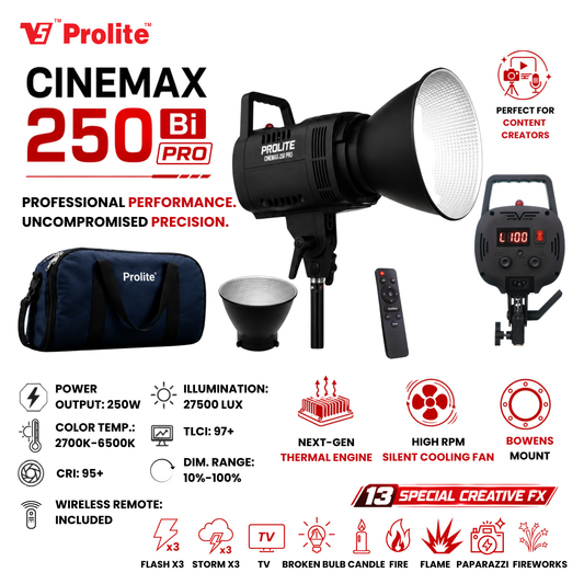 Prolite Cinemax 250 Bi Pro | 250W COB LED Continuous Video Light with LED Display | Bi-Color 2700K-6500K | CRI 95+ | With LED Display, Kit Bag, Bowens Reflector & Remote | 13 Special FX | Ideal for Content Creators & Weddings