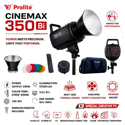 Prolite Cinemax 350 Bi | 350W COB LED Continuous Video Light with LED Display | Bi-Color 2700K-6500K | CRI 95+ | With LED Display, Kit Bag, Bowens Reflector, RGBWW Color Filter Set & Remote | 13 Special FX | Ideal for Content Creators & Weddings