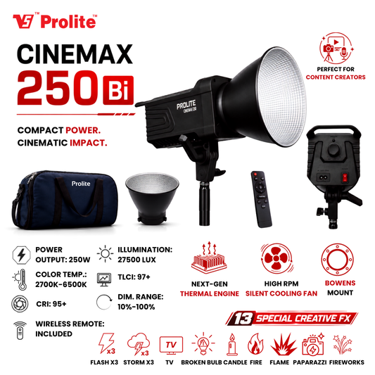 Prolite Cinemax 250 Bi | 250W COB LED Continuous Video Light | Bi-Color 2700K-6500K | CRI 95+ | With Kit Bag, Bowens Reflector & Remote | 13 Special FX | Ideal for Content Creators & Weddings