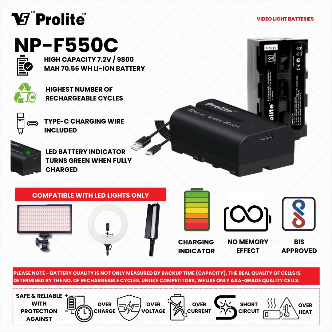Prolite LED 312 Professional Video Light with NP-550 Li-ion Battery, 3200K-5600K Adjustable, 5200 LUX, 1/4″ Mount, C-Type Charging, Ideal for Content Creators, Product Photography, Makeup Shoots