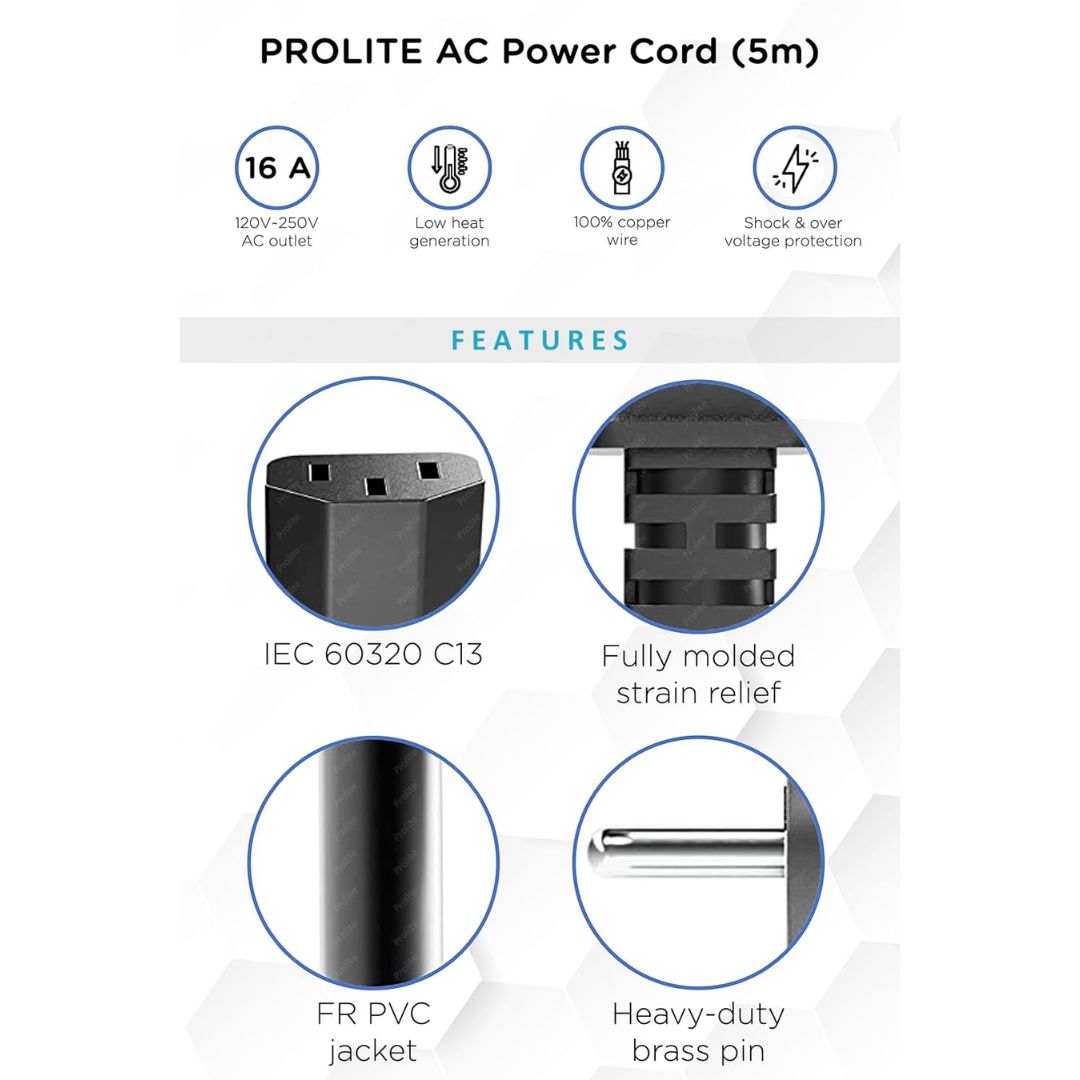 Prolite 3-Pin AC Power Cord (5m) | 240V, 16A | Type C13 Out | Replacement Cable for Video Light, Printer, Monitor, TV, PC | Black