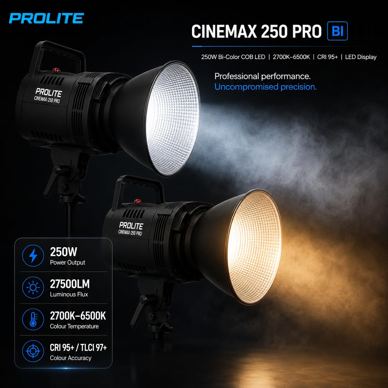 Prolite Cinemax 250 Bi Pro | 250W COB LED Continuous Video Light with LED Display | Bi-Color 2700K-6500K | CRI 95+ | With LED Display, Kit Bag, Bowens Reflector & Remote | 13 Special FX | Ideal for Content Creators & Weddings