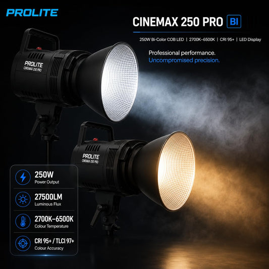 Prolite Cinemax 250 Bi Pro | 250W COB LED Continuous Video Light with LED Display | Bi-Color 2700K-6500K | CRI 95+ | With LED Display, Kit Bag, Bowens Reflector & Remote | 13 Special FX | Ideal for Content Creators & Weddings