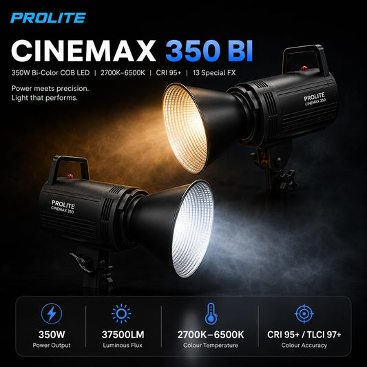 Prolite Cinemax 350 Bi | 350W COB LED Continuous Video Light with LED Display | Bi-Color 2700K-6500K | CRI 95+ | With LED Display, Kit Bag, Bowens Reflector, RGBWW Color Filter Set & Remote | 13 Special FX | Ideal for Content Creators & Weddings