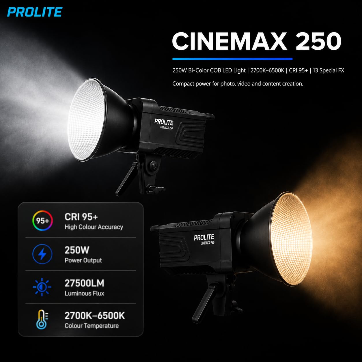 Prolite Cinemax 250 Bi | 250W COB LED Continuous Video Light | Bi-Color 2700K-6500K | CRI 95+ | With Kit Bag, Bowens Reflector & Remote | 13 Special FX | Ideal for Content Creators & Weddings