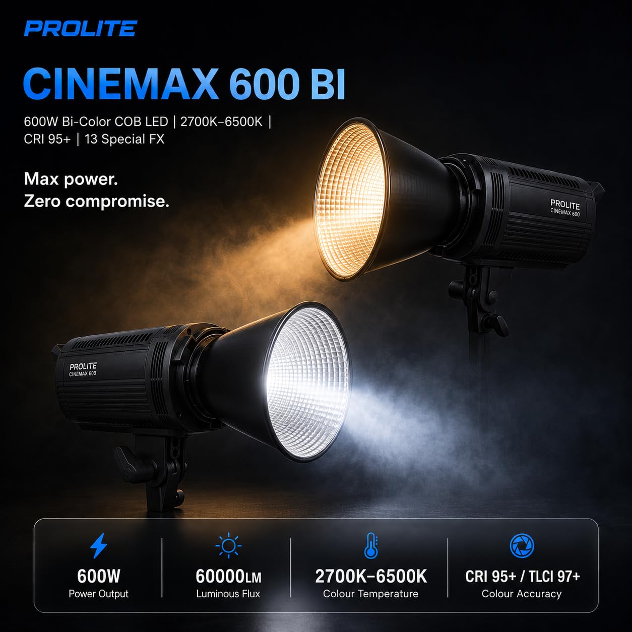 Prolite Cinemax 600 Bi | 600W COB LED Continuous Video Light | Bi-Color 2700K–6500K | CRI 95+ | LCD Display | 2.4GHz Wireless Control with Display Remote | Kit Bag & Metal Bowens Reflector | 13 Special FX | Ideal for Content Creators & Weddings