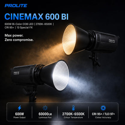Prolite Cinemax 600 Bi | 600W COB LED Continuous Video Light | Bi-Color 2700K–6500K | CRI 95+ | LCD Display | 2.4GHz Wireless Control with Display Remote | Kit Bag & Metal Bowens Reflector | 13 Special FX | Ideal for Content Creators & Weddings