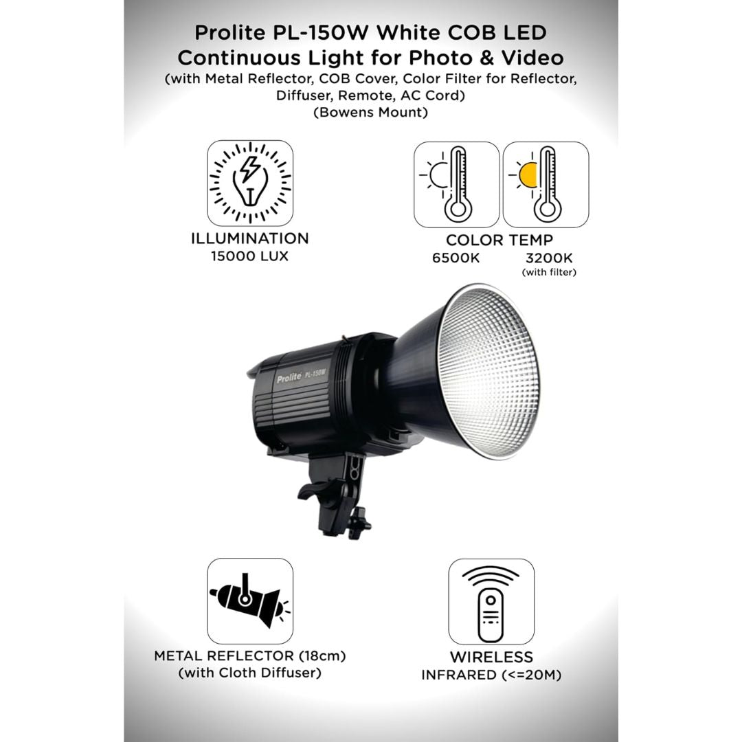 Prolite PL-150W COB LED Video Light – 15000 Lux, 6500K | Bowens Mount, Reflector, Diffuser, Remote | Studio & Wedding Photography Light