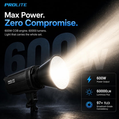 Prolite Cinemax 600 Bi | 600W COB LED Continuous Video Light | Bi-Color 2700K–6500K | CRI 95+ | LCD Display | 2.4GHz Wireless Control with Display Remote | Kit Bag & Metal Bowens Reflector | 13 Special FX | Ideal for Content Creators & Weddings