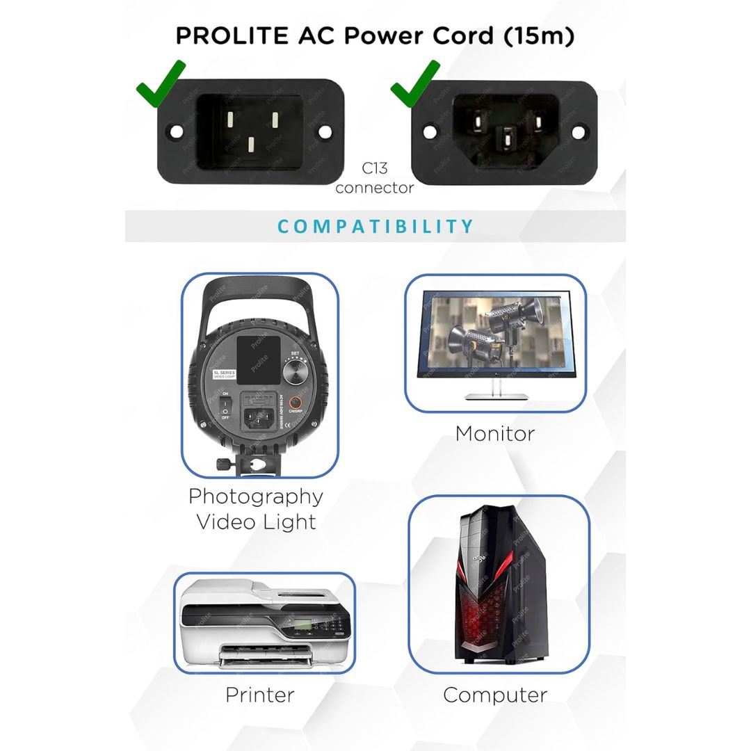 Prolite 3-Pin AC Power Cord (15m) | 240V, 16A | Type C13 Out | Replacement Cable for Video Light, Printer, Monitor, TV, PC | Black (Copy)