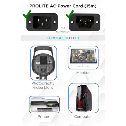 Prolite 3-Pin AC Power Cord (15m) | 240V, 16A | Type C13 Out | Replacement Cable for Video Light, Printer, Monitor, TV, PC | Black (Copy)