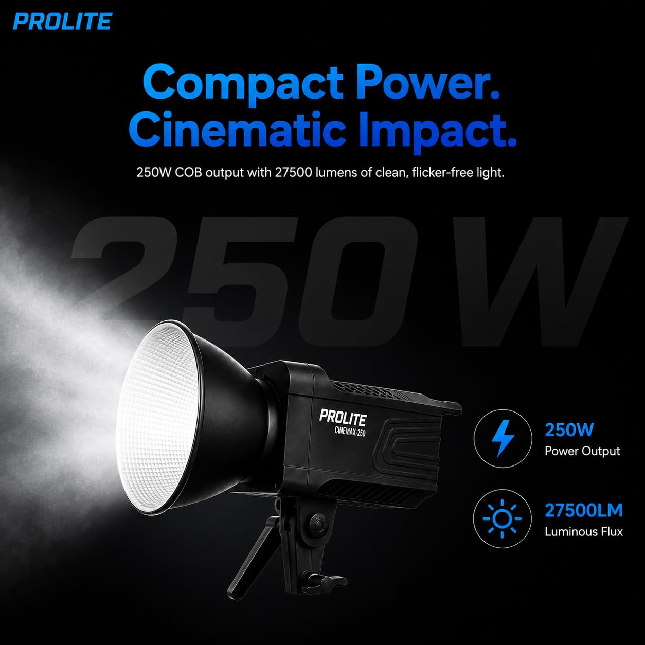 Prolite Cinemax 250 Bi | 250W COB LED Continuous Video Light | Bi-Color 2700K-6500K | CRI 95+ | With Kit Bag, Bowens Reflector & Remote | 13 Special FX | Ideal for Content Creators & Weddings