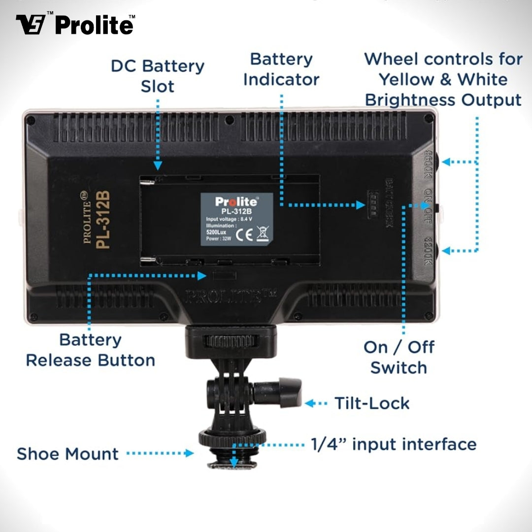 Prolite LED 312 Professional Video Light with NP-550 Li-ion Battery, 3200K-5600K Adjustable, 5200 LUX, 1/4″ Mount, C-Type Charging, Ideal for Content Creators, Product Photography, Makeup Shoots