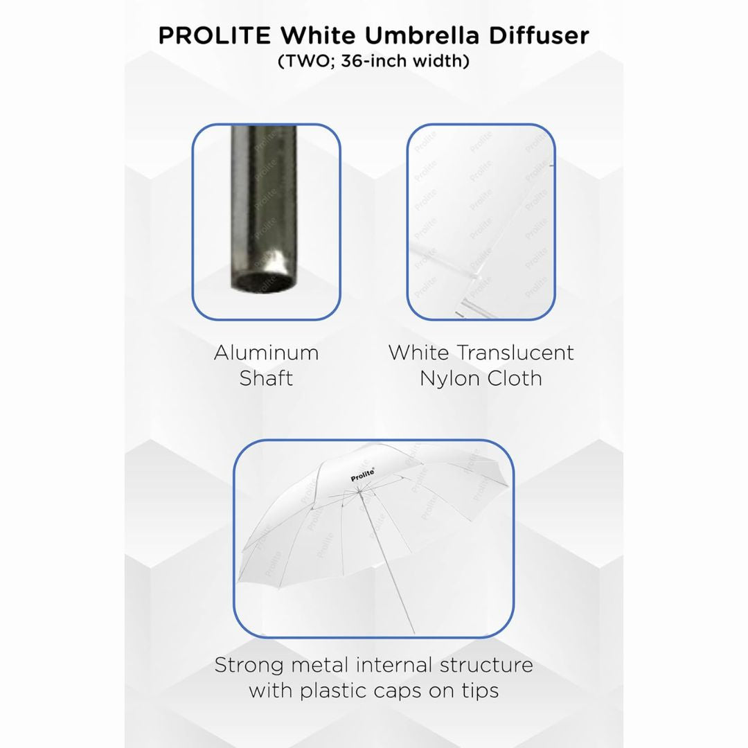 Prolite 36-Inch White Umbrella Diffuser (Pack of 2) for Photography & Videography | Metal Body | Ideal for Speedlite Flash, Umbrella Clamps, & Continuous Light (Sungun, Porta)