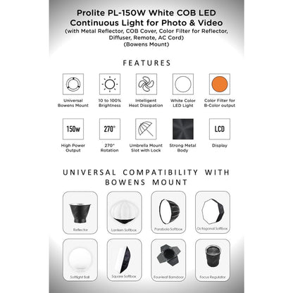 Prolite PL-150W COB LED Video Light – 15000 Lux, 6500K | Bowens Mount, Reflector, Diffuser, Remote | Studio & Wedding Photography Light