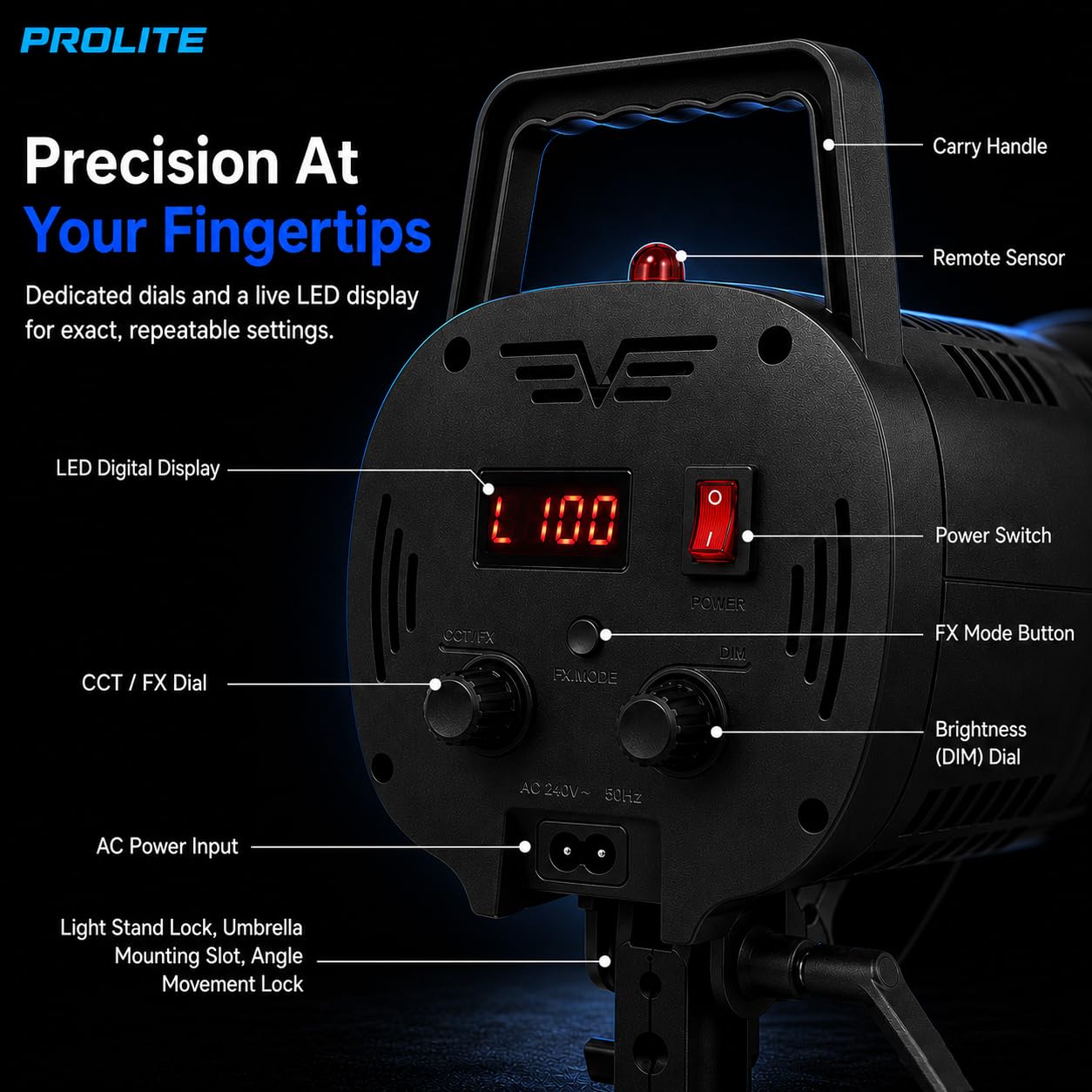 Prolite Cinemax 250 Bi Pro | 250W COB LED Continuous Video Light with LED Display | Bi-Color 2700K-6500K | CRI 95+ | With LED Display, Kit Bag, Bowens Reflector & Remote | 13 Special FX | Ideal for Content Creators & Weddings