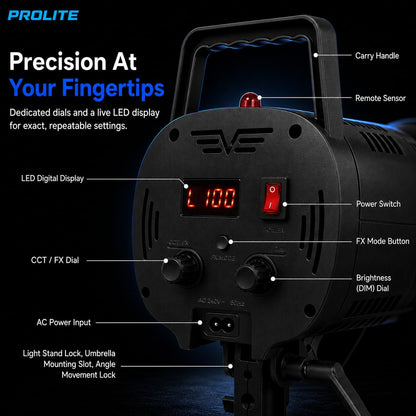 Prolite Cinemax 250 Bi Pro | 250W COB LED Continuous Video Light with LED Display | Bi-Color 2700K-6500K | CRI 95+ | With LED Display, Kit Bag, Bowens Reflector & Remote | 13 Special FX | Ideal for Content Creators & Weddings
