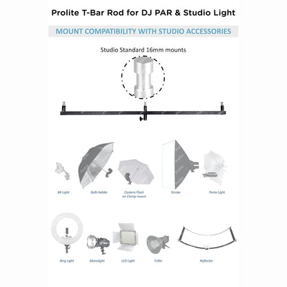 Prolite Multipurpose T-Bar Rod for Studio Lights, Flashes, Umbrellas, DJ PAR Lighting & Microphones (3 Mounts)