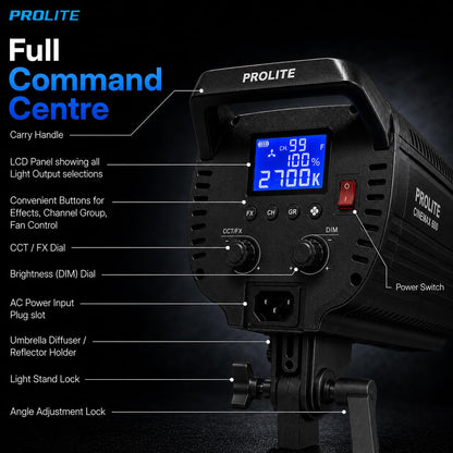 Prolite Cinemax 600 Bi | 600W COB LED Continuous Video Light | Bi-Color 2700K–6500K | CRI 95+ | LCD Display | 2.4GHz Wireless Control with Display Remote | Kit Bag & Metal Bowens Reflector | 13 Special FX | Ideal for Content Creators & Weddings