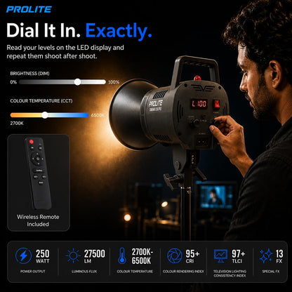 Prolite Cinemax 250 Bi Pro | 250W COB LED Continuous Video Light with LED Display | Bi-Color 2700K-6500K | CRI 95+ | With LED Display, Kit Bag, Bowens Reflector & Remote | 13 Special FX | Ideal for Content Creators & Weddings
