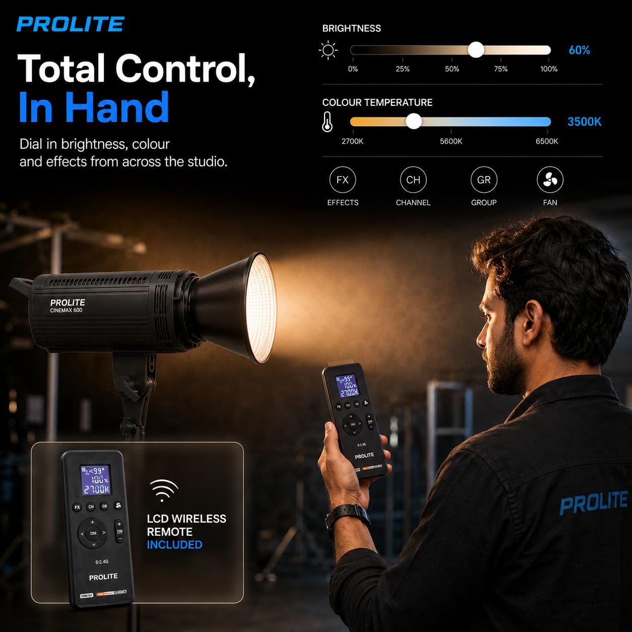 Prolite Cinemax 600 Bi | 600W COB LED Continuous Video Light | Bi-Color 2700K–6500K | CRI 95+ | LCD Display | 2.4GHz Wireless Control with Display Remote | Kit Bag & Metal Bowens Reflector | 13 Special FX | Ideal for Content Creators & Weddings