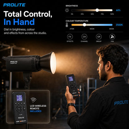 Prolite Cinemax 600 Bi | 600W COB LED Continuous Video Light | Bi-Color 2700K–6500K | CRI 95+ | LCD Display | 2.4GHz Wireless Control with Display Remote | Kit Bag & Metal Bowens Reflector | 13 Special FX | Ideal for Content Creators & Weddings