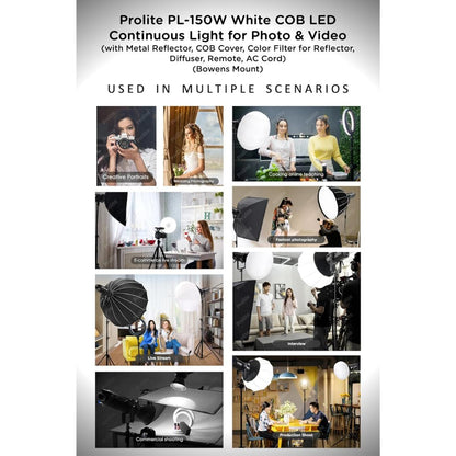 Prolite PL-150W COB LED Video Light – 15000 Lux, 6500K | Bowens Mount, Reflector, Diffuser, Remote | Studio & Wedding Photography Light