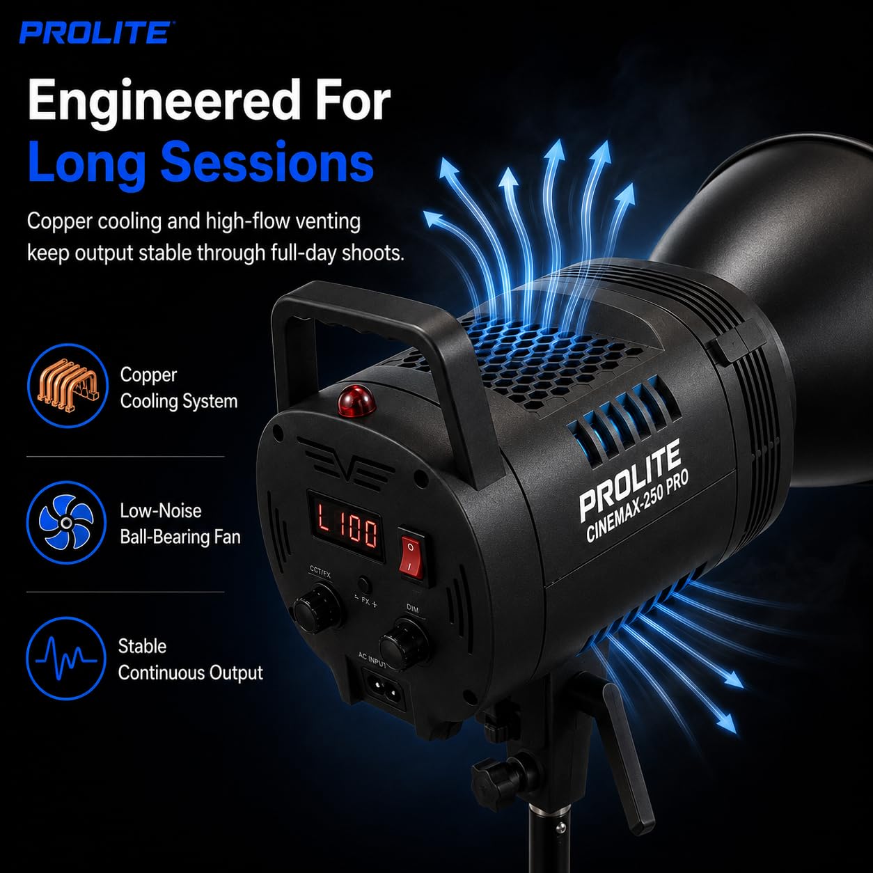Prolite Cinemax 250 Bi Pro | 250W COB LED Continuous Video Light with LED Display | Bi-Color 2700K-6500K | CRI 95+ | With LED Display, Kit Bag, Bowens Reflector & Remote | 13 Special FX | Ideal for Content Creators & Weddings