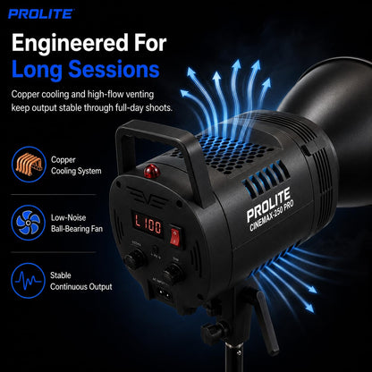 Prolite Cinemax 250 Bi Pro | 250W COB LED Continuous Video Light with LED Display | Bi-Color 2700K-6500K | CRI 95+ | With LED Display, Kit Bag, Bowens Reflector & Remote | 13 Special FX | Ideal for Content Creators & Weddings
